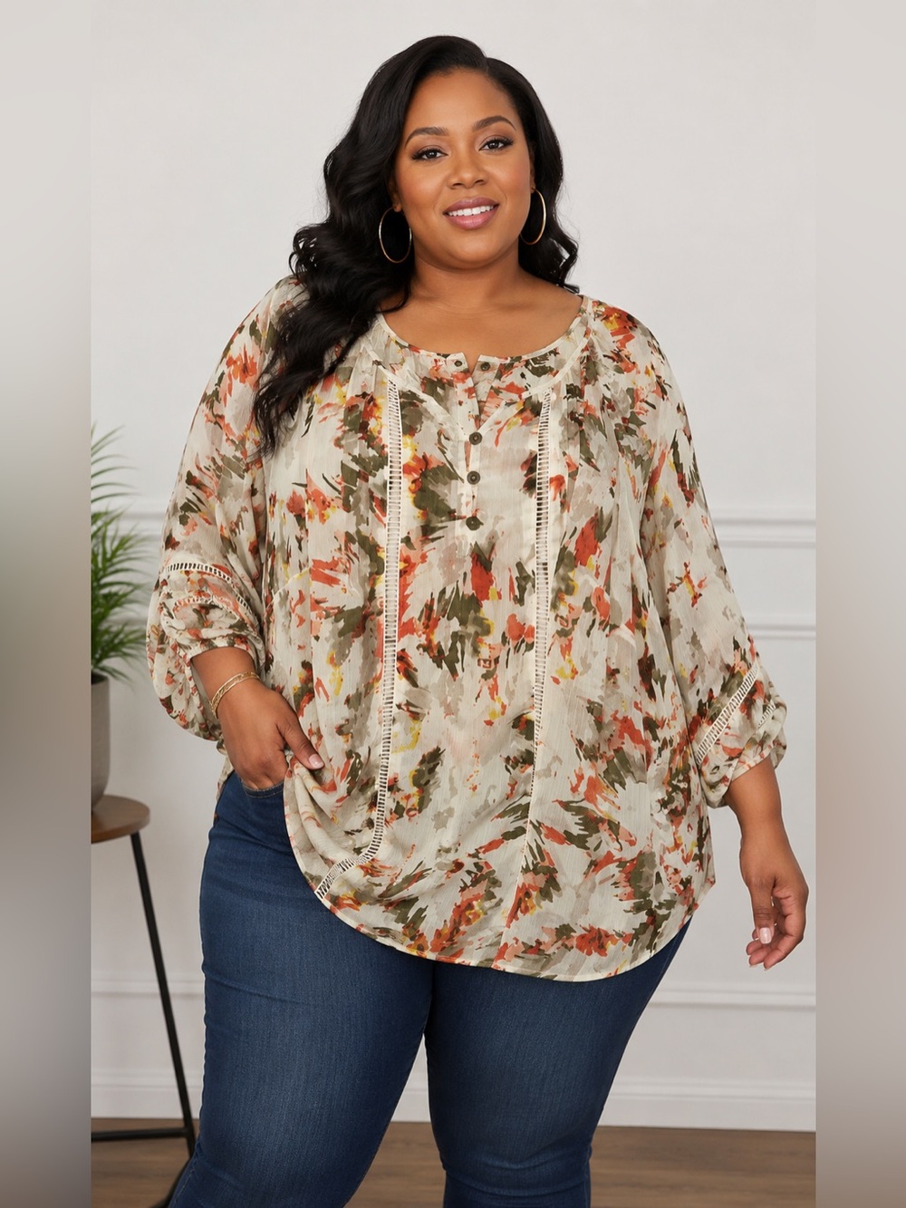 Catherines Sheer Cream Floral Button-Front Tunic with Crochet Ladder Stitch EUC